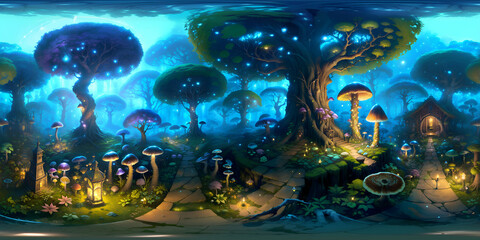 equirectangular surreal fantasy forest mushrooms 360 degree HDRI map - obrazy, fototapety, plakaty