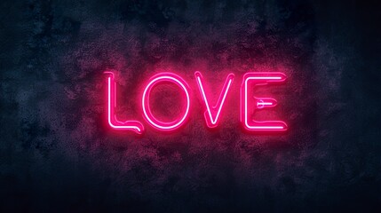 A bright neon sign with the word "LOVE" radiates a romantic and modern aura. Vibrant light from the luminous sign of the word "LOVE" emanating a timeless feeling.