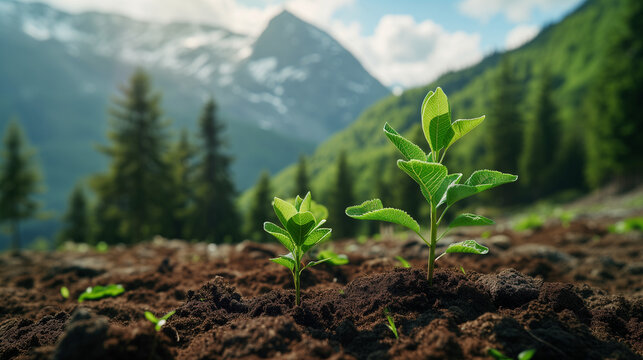 Planting new trees. planting new trees in an open area of a mountain. conifer trees. Hand edited