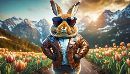 Very cool Easter bunny with leather jacket and cool sunglasses with nature in the background