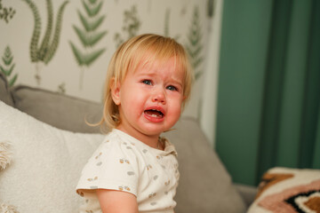 Fototapeta premium The toddler child is crying and screaming with a red face at home