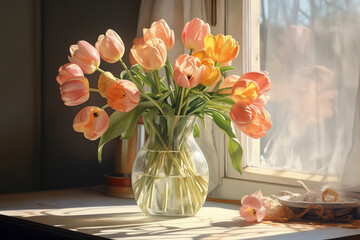 a vase with tulips on the kitchen table, soft morning light