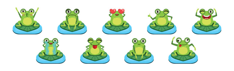 Cute Green Frog Character as Croaking Swamp Animal Sit on Pad Vector Set