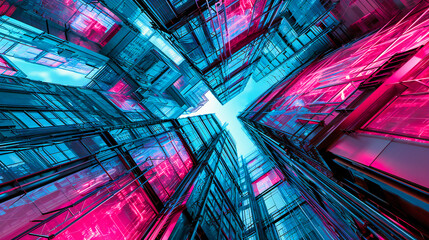 Futuristic Technology Tunnel, Blue Neon Lights, Abstract Sci-Fi Corridor, Digital Space Concept