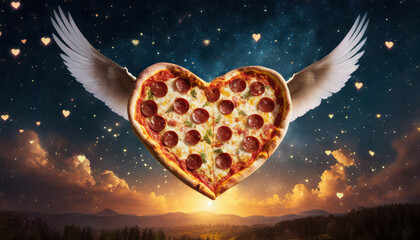 Obraz na płótnie Canvas Heart-shaped Pizza Flying on the Sky - Online Delivery Concept