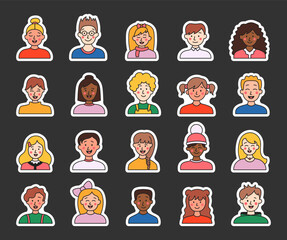 Kids different user profile. Sticker Bookmark. Pretty girl and boy. Young people. Vector drawing. Collection of design elements.