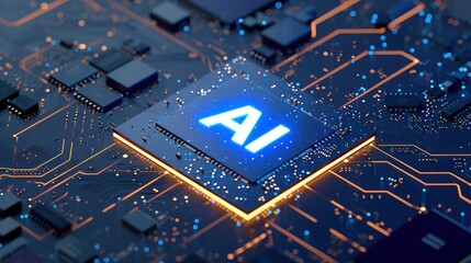A motherboard circuit featuring a central chip adorned with the logo of two letters, 'AI,' at its center