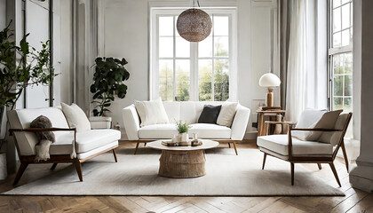 Simplicity in Design: White Sofa and Armchairs Bring Scandinavian Charm to a Modern Living Room