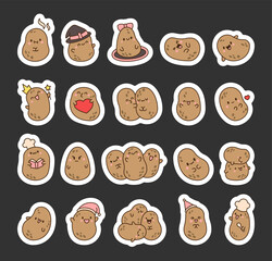 Cute happy potato character. Sticker Bookmark. Cartoon kawaii food with funny face. Hand drawn style. Vector drawing. Collection of design elements.