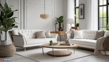 Clean Lines, Cozy Vibes: White Sofa and Armchairs Define a Scandinavian-inspired Living Space
