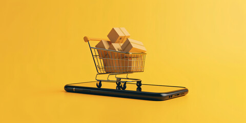 Online shopping concept,  shopping cart on a smartphone, shopping, sales, sale of services, yellow background