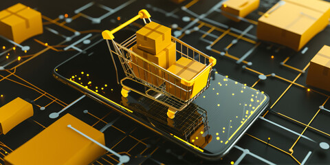 Online shopping concept,  shopping cart on a smartphone, shopping, sales, sale of services,  - obrazy, fototapety, plakaty