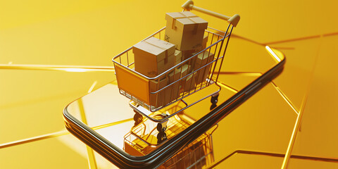 Online shopping concept,  shopping cart on a smartphone, shopping, sales, sale of services, yellow background