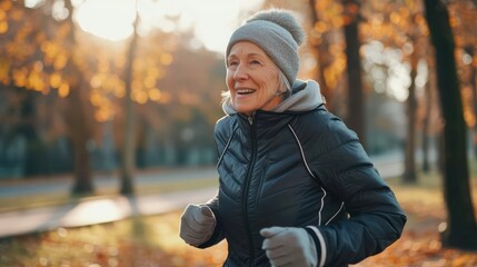 The old woman exercises by jogging in the morning to maintain her health