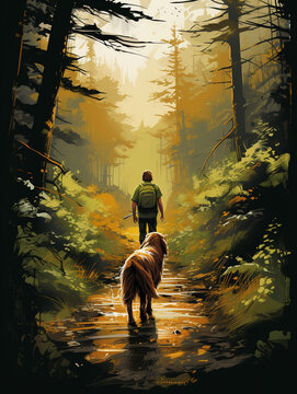 T-shirt design, an evocative painting captures a dog hiking a forest trail сreated with Generative Ai