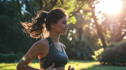 The young woman exercises by jogging in the morning to maintain her health