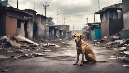 Lonely dog in a desolate street, generative AI