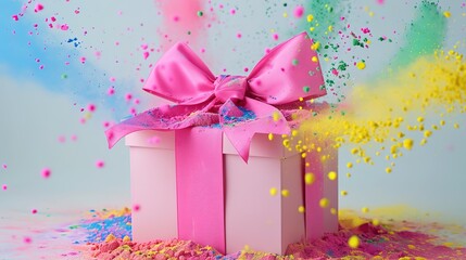 Festive Gift Box Amidst Holi Colors Explosion - Celebration, Sales, and Birthday Promotions Banner, present over colorful background.