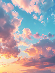 epic colorful sky with clouds at sunset. View towards the horizon. Colors in different shades of blue and light blue, and orange and yellow colors predominate. - obrazy, fototapety, plakaty