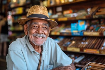 Smiling old caribbean man selling cigars at his tobacco shop - obrazy, fototapety, plakaty