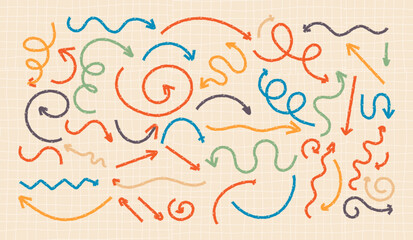 Isolated vector arrows set with hand drawn doodle brush arrows and wavy lines. Colored grunge dirty noise effect texture. sketch pointers, crayon emphasis arrows.