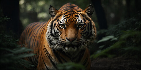 Tiger's piercing gaze ignites a thrill in the heart of darkness. Cinematic, primal, captivating.