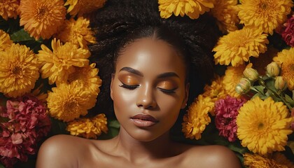 Beautiful African American woman, wearing floral print clothes, background of bright yellow flowers. Spring composition. Concept of cosmetics, articles, nature, beauty, health and well-being.