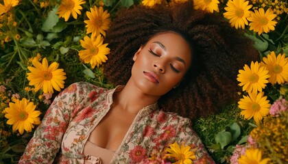 Naklejka premium Beautiful African American woman, wearing floral print clothes, background of bright yellow flowers. Spring composition. Concept of cosmetics, articles, nature, beauty, health and well-being.