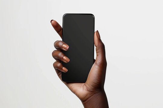 Experience the power of connectivity with this striking image featuring an African American woman's hand holding a new cellphone mockup