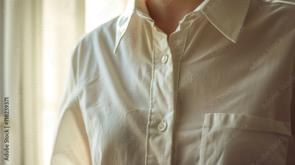Poster A detailed close-up of a person wearing a white shirt. Versatile image suitable for various uses
