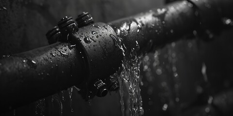 A black and white photo capturing the moment water drips from a pipe. Suitable for various uses