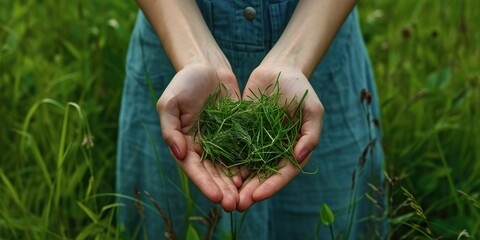 A person holding a handful of grass. Can be used to depict nature, gardening, or environmental themes - obrazy, fototapety, plakaty