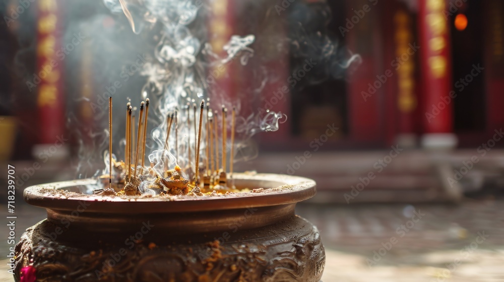 Aufkleber Incense sticks being lit in a bronze pot. Ideal for creating a calming and aromatic atmosphere.