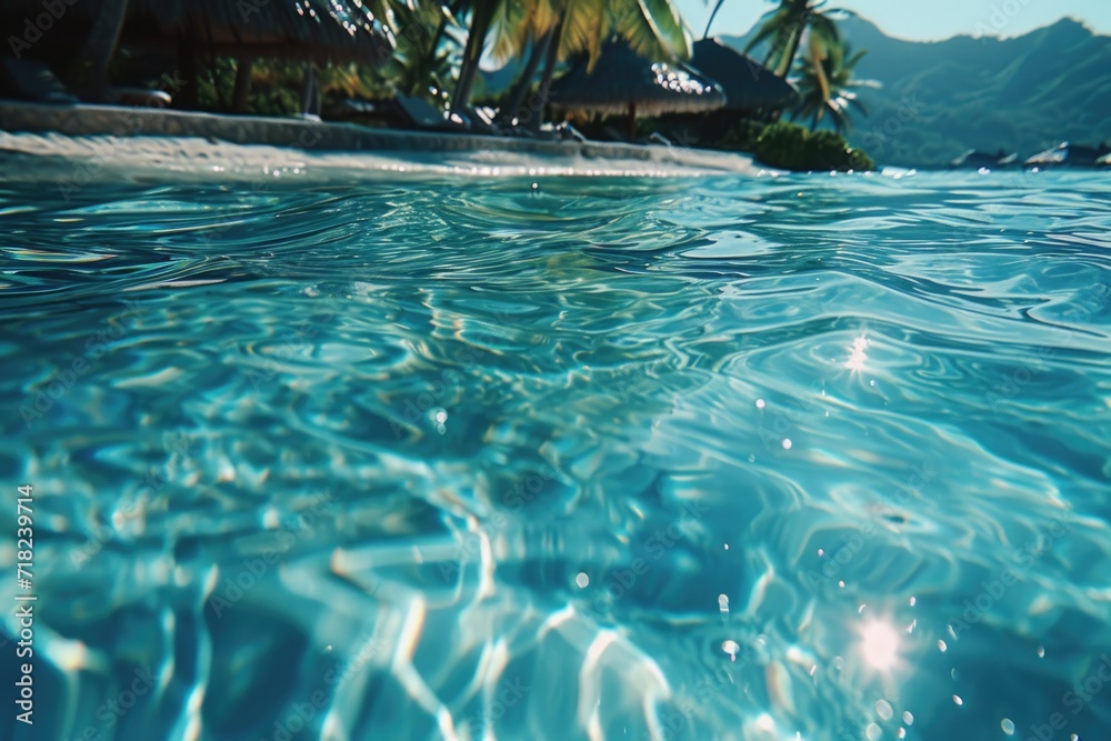 Poster a stunning view of the ocean as seen from the bottom of a pool. perfect for travel brochures or vaca