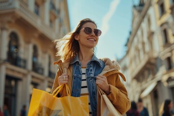 A woman is seen walking down a busy city street, carrying multiple shopping bags. This image can be used to represent shopping, city life, consumerism, or retail therapy