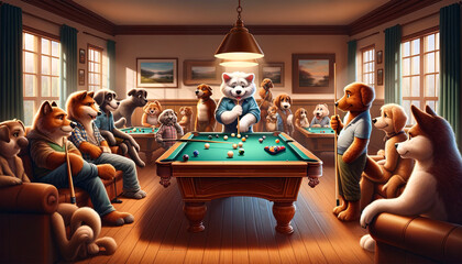 Anthropomorphic dogs playing a friendly game of pool in a cozy pub setting full of character and camaraderie. Playing animals concept. AI generated.