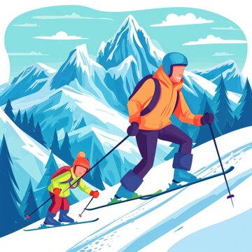 A man and a child are skiing down a mountain. This image can be used to depict a fun winter activity or a family bonding moment in the snow