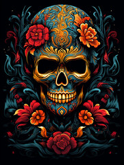 Naklejka premium T-shirt design, an artist's enigmatic portrayal, his face masked with a skull сreated with Generative Ai