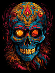 T-shirt design, an artist's enigmatic portrayal, his face masked with a skull сreated with Generative Ai