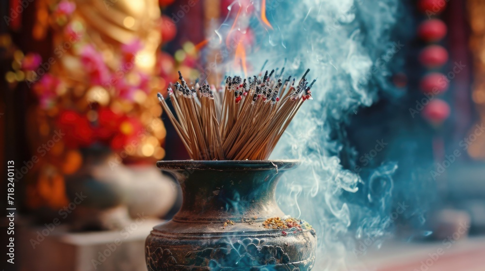 Poster incense sticks sticking out of a metal vase. can be used to create a calming atmosphere or for spiri