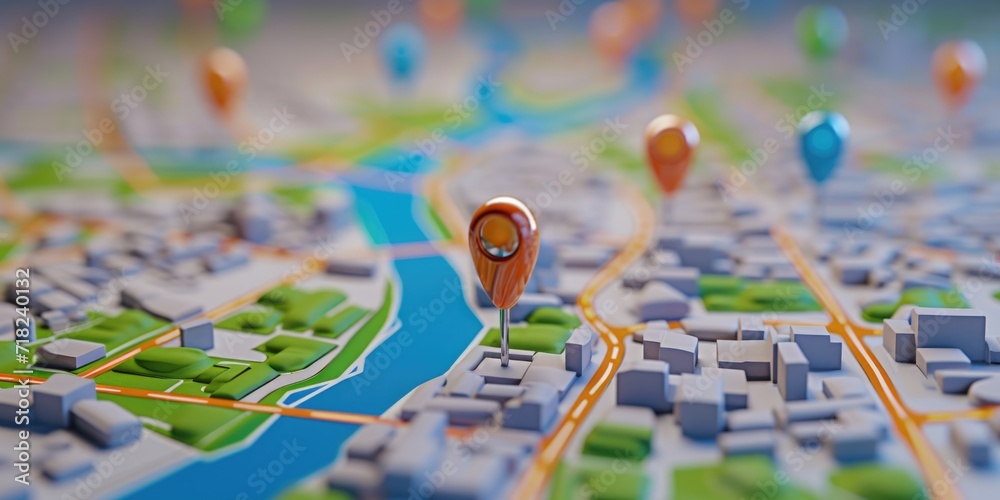 Poster A close-up view of a map with pins representing various locations. Ideal for travel, navigation, or geographical concepts
