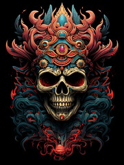 T-shirt design, an artist's enigmatic portrayal, his face masked with a skull сreated with Generative Ai