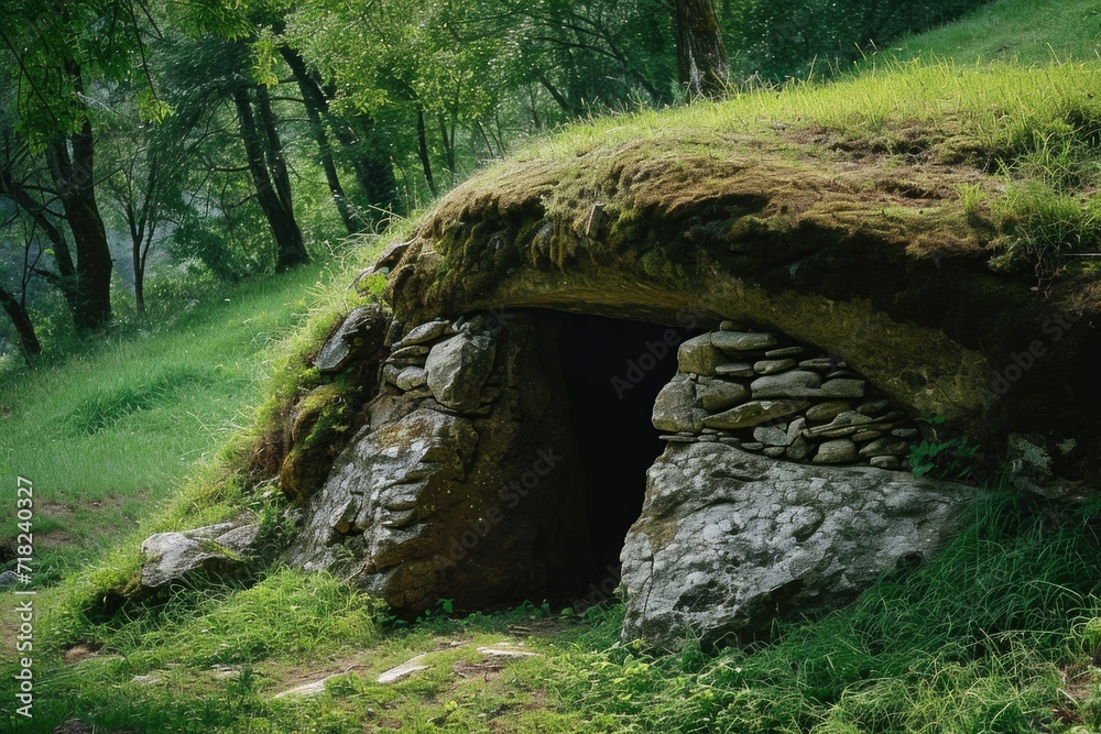 Poster a picture of a small cave nestled in the midst of a vibrant and verdant forest. this image can be us