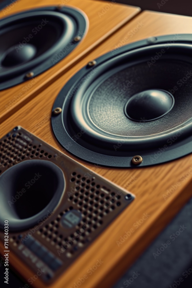 Poster a pair of speakers sitting on top of a wooden table. perfect for adding audio to your home or office