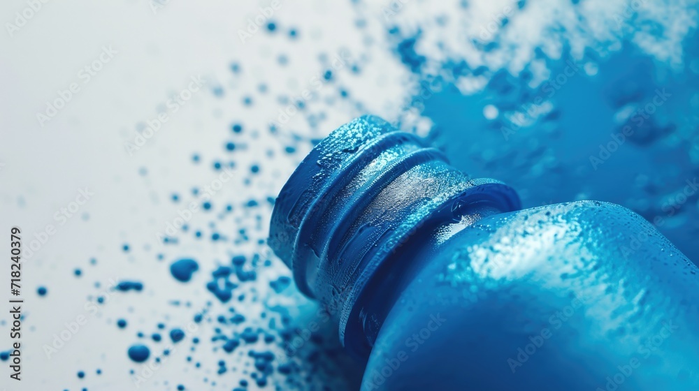 Poster A close-up view of a blue bottle of water. Can be used to promote hydration or as a stock image for health and wellness websites