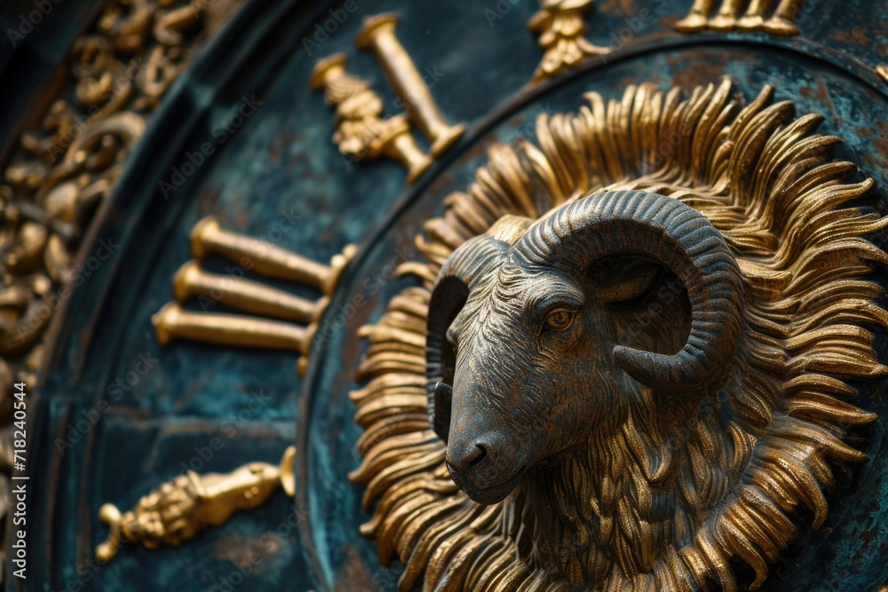 Poster A close up view of a clock featuring a ram head design. This unique and eye-catching clock can add a touch of elegance and sophistication to any space