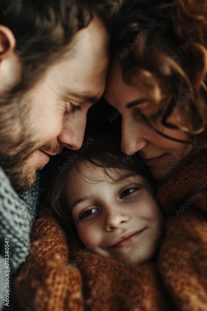 Poster a heartwarming image of a man and a woman lovingly cuddling with a child. perfect for family-related