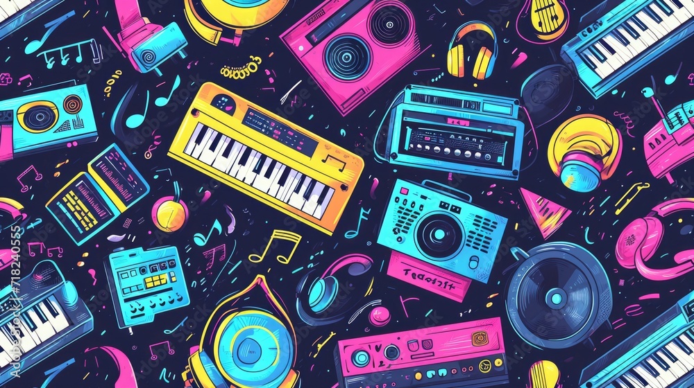 Aufkleber A collection of various musical instruments arranged on a black background. Ideal for music-related projects and designs