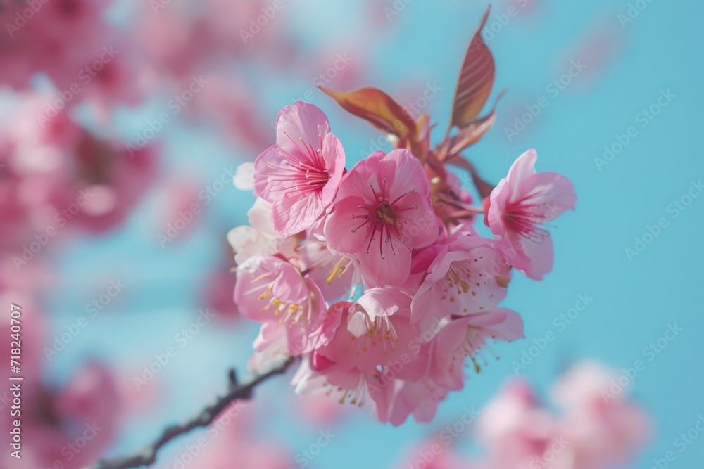 Poster a close-up view of a pink flower on a tree. this vibrant flower can add a touch of beauty to any pro