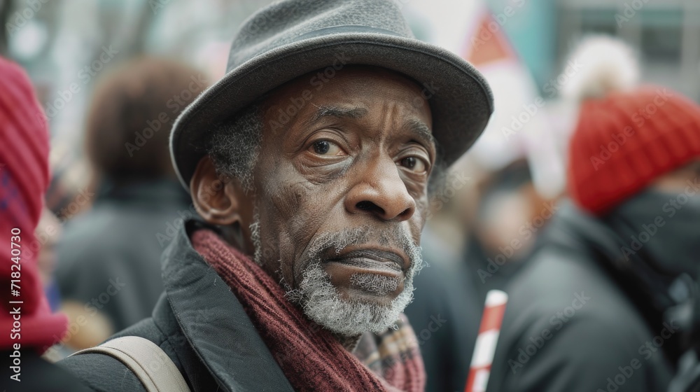 Poster a man wearing a hat and scarf stands in a crowd. suitable for various uses
